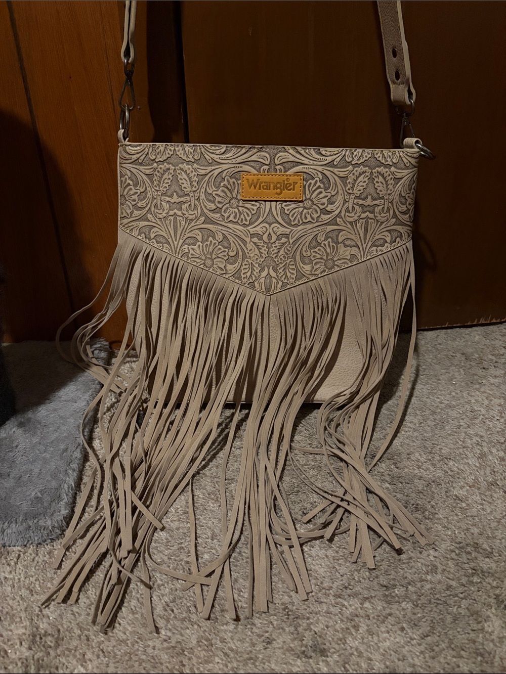 Wrangler Taupe Fringe Crossbody Bag with Embossed Floral Panel